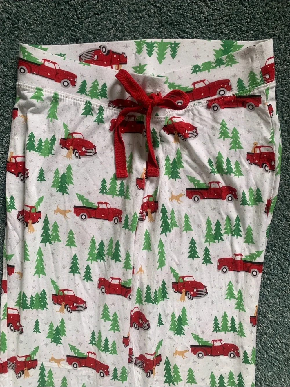Cynthia Rowley White Pajama Pants with Red Trucks and Green Trees Christmas
